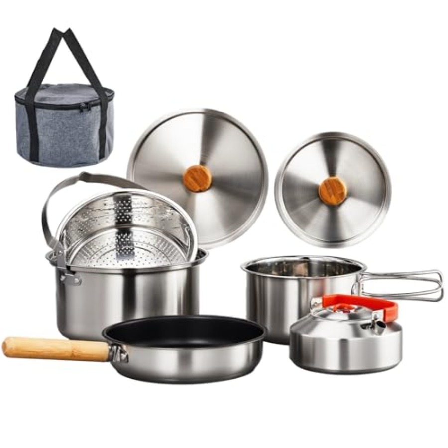 Camping Cooking Mess Kit - Campingkookset, lichtgewicht roestvrijstalen opvouwbare kookset met