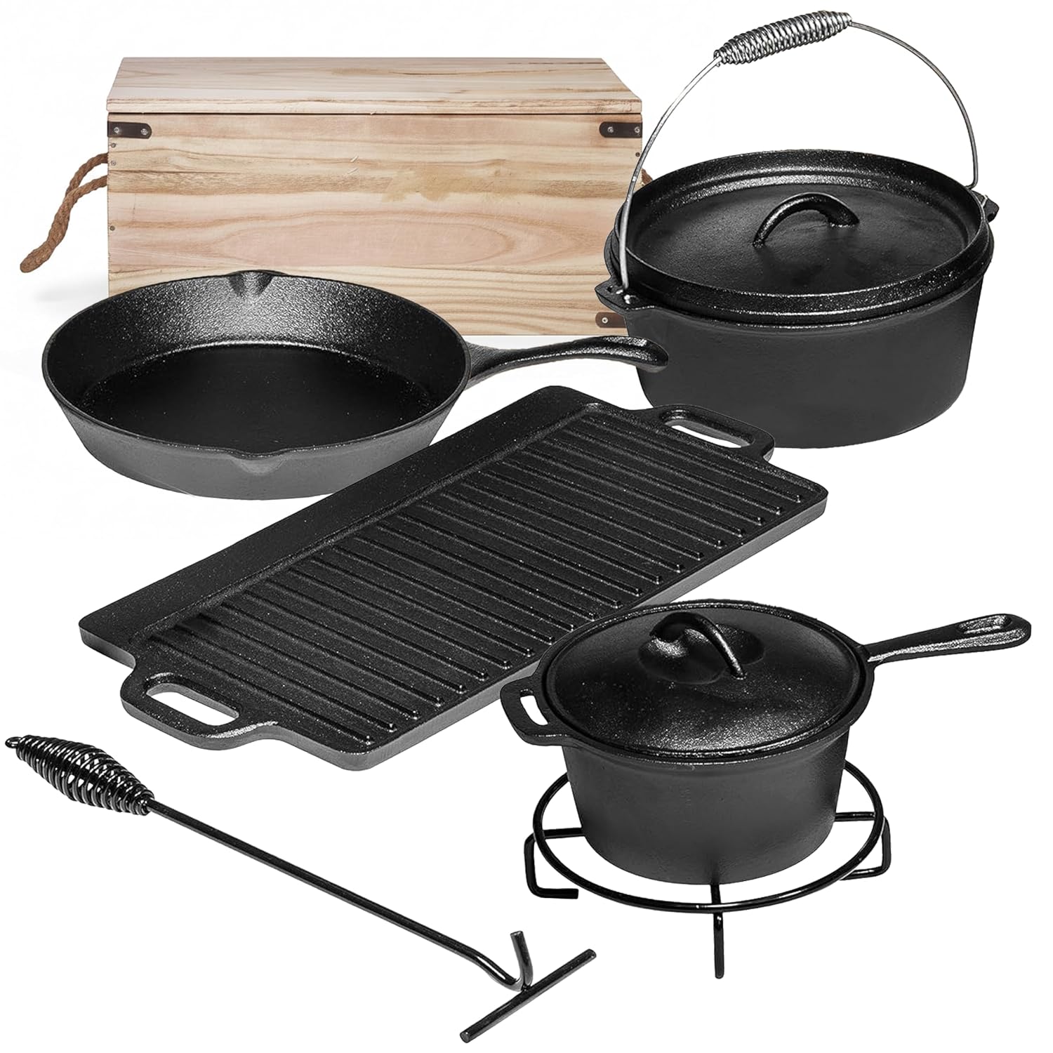 Camping kookset van 7 delen. V - Camping Cooking Cast Iron recensie en prijs